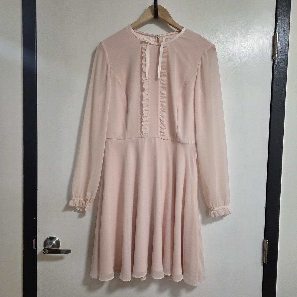 Ted Baker Womens Blush Pink Ruffle Dress Size 4 Fit & Flare Sheer Sleeve